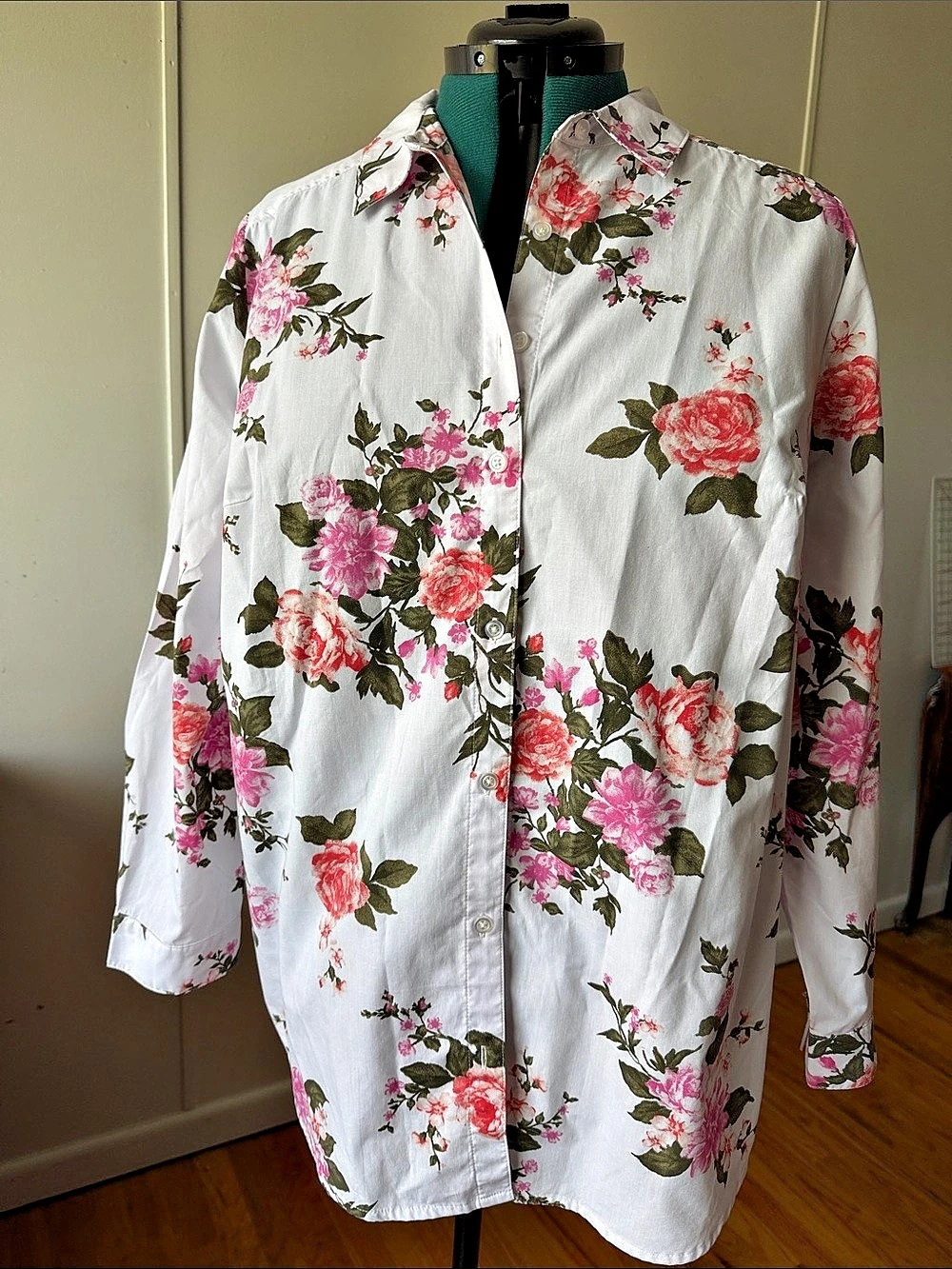 Roaman's Floral Button Down Shirt White & Pink 22W Like New
